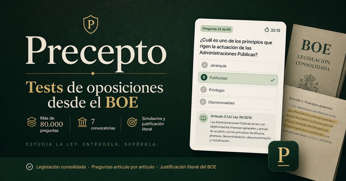Vista de marca de Precepto con tests del BOE y simulacros.